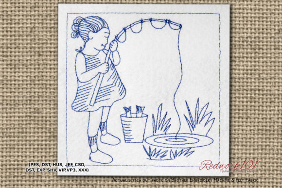 Girl Fishing in Pond Bluework: A Thoughtful Embroidery Design for Real Projects