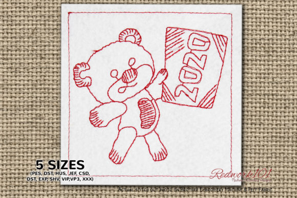 Teddy Bear with New Year Card Redwork Review